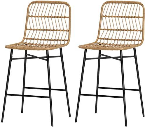 HOMCOM Conjunto de 2 Taburetes Altos de Cocina con Respaldo y Asiento de Ratán Sillas de Bar Modernas para Cocina Comedor, Carga 120 kg, Marrón