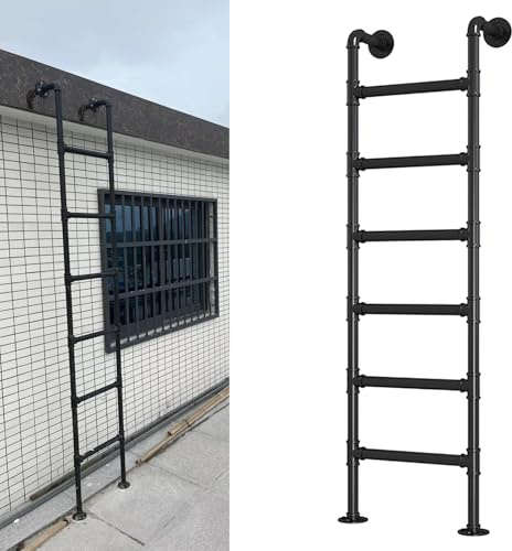 ZENSTYW Väggmonterad vindstrappa, universell klättringsstege, svart metalltrappa, för källare, bibliotek, belastning på 330 pund (220 cm/87 tum)