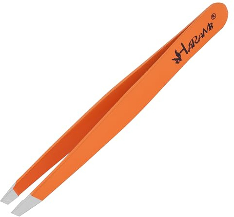 HARAMS Professional Slant Hair Removal Tweezers Slight Angle Tip Eyebrow Plucking - Great Precision Tweezers for Facial & Ingrown Hairs, Splinter, Blackhead and Tick Remover Women/Men (Orange, Slant)