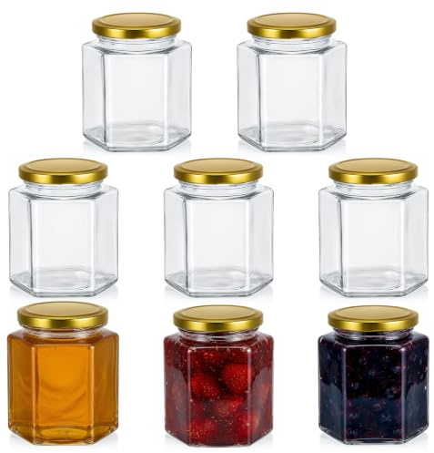saerryor 8 Pack Hexagonal Glass Jars With Lids 380ml Airtight Pickling Jar | Glass Jam Jars, Air Tight Jars, Preserve, Multi-Purpose Storage, Spice, Pickle, Honey, Candle, Coffee, Chutney, Fruit, Oats
