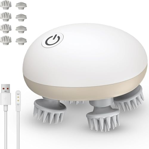 OHFAMO Appareil de Massage Électrique du Cuir Chevelu IPX7 Étanche - 4 Têtes Rotatives, 5 Modes, Embouts Silicone Doux et Respectueux des Cheveux pour Relaxation, Soin et Douche à Domicile