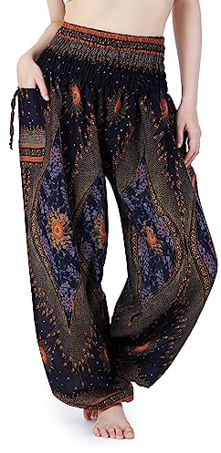 Lannaclothesdesign Women's Smocked Waist Boho Flowy Yoga Harem Pants Hippie Clothes (XXL, Black)