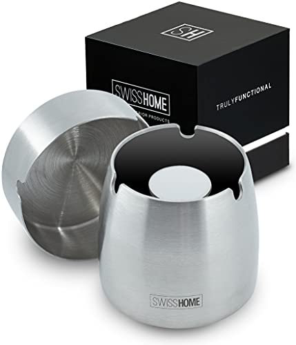 SWISSHOME® - Geruchsdichter Aschenbecher mit Deckel - 2 in 1 - für Drinnen & Draußen - Das Original aus Edelstahl in Premium Geschenkbox (Grösse M)