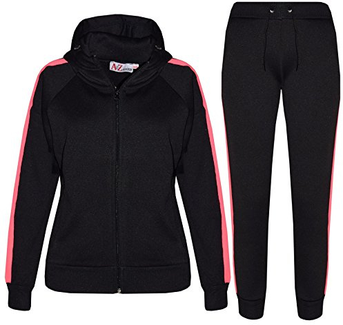 A2Z 4 Kids Girls Boys Tracksuit Plain Zipped Hooded Sweatshirt Top Bottoms Gym Jogging - T.S 102 Black Neon Pink 13