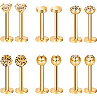 Sumind Nose Studs 16g Tragus Piercing Jewelry Gold Flat Back Earrings Diamond Crystal Lip Rings Stainless Steel Labret Bars Body Piercing Jewelry for Women Men, 6 Designs