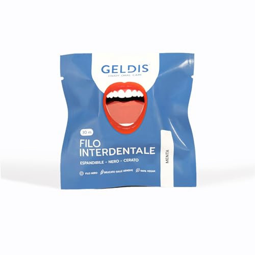 GELDIS Filo Interdentale Espandibile Cerato Nero, 30m - Rimuove Placca, Tartaro e Residui di Cibo, Protezione Completa, Gengive Sane, 100% Vegan