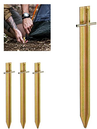 Relaxdays Sardines, Forme en T, 30 cm de Long, œillet, Lot de 4 piquets de Tente, Stable, Solide, Camping & Jardin, doré
