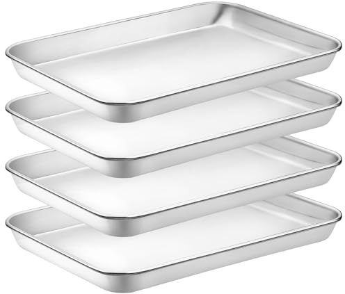 4 Pieces Baking Sheet Pan Tray, CEKEE Stainless Steel Small Cookie Sheets for Baking, Baking Sheets for Oven, Warp Resistant & Heavy Duty & Rust Free Baking Pans Set - Size 9.3 x 6.9 x 0.98 Inch
