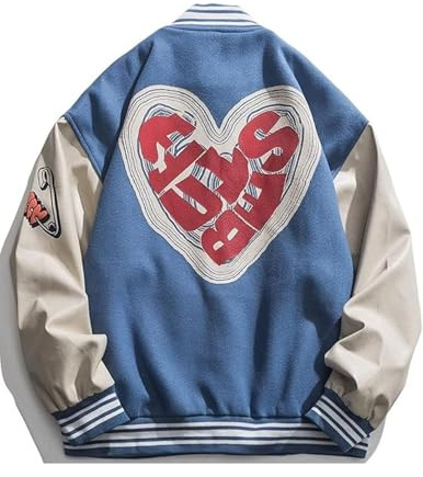 Vamtac Mens Varsity Baseball Jacket Letter Foaming Love Print Varsity Cotton Fur Coats Streetwear with Pocket Blue X-Large