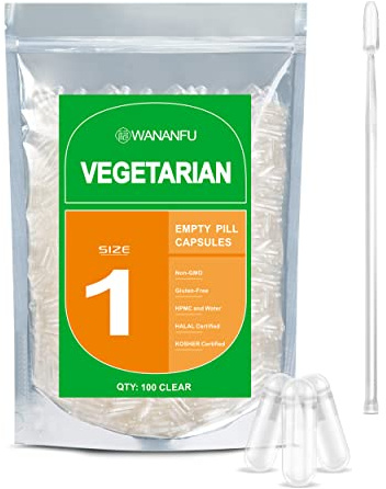 WANANFU Cápsulas Vacías Vegetales Tamaño 1 (100 piezas) con microcuchara, apto para llenado de cápsulas tamaño 1