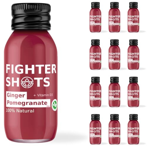 Fighter Shots Ginger Pomegranate Shots (12x60ml) | Natural Pomegranate Drink to Increase Sports Performance | 200% of Recommended Intake of Vitamin D3 | Packed with Vits | Fresh & Fiery Ginger Shots