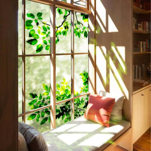 Flortlias Watercolor Floral Window Sticker, Static Cling Window Clings, Stained Double Sided Window Decals for Glass Windows Door Decor, Leaves with Branch
