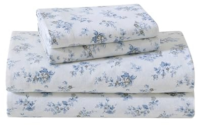 Laura Ashley - Juego de sábanas Individual, Ropa de Cama de Franela de algodón, Cepillado para Mayor suavidad y Comodidad (Azul Audrey, Individual)