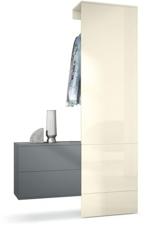Vladon Mueble recibidor Carlton Set 2, Mueble de Entrada Compuesto por 1 Perchero, 1 Armario de cajones, Antracita Mate/Crema de Alto Brillo (105 x 193 x 35 cm)