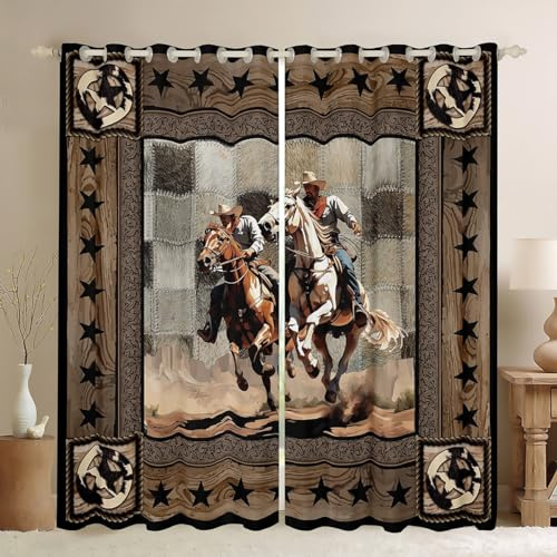 Western Cowboy Kids Blackout Curtains,Cow Fur Wooden Plank Patch Retro Window Drapes for Boys Girls Women,Western Texas Star Rustic Farmhouse Window Treatments Grommet Top 2 Panel Set,52Wx84L inch