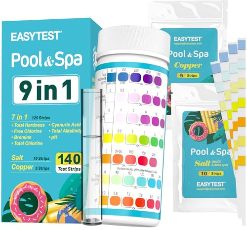 EASYTEST 9-Way Pool Test Strips, 140 Strips for Hot tub and Spa, Accurate Testing pH, Total Chlorine, Free Chlorine, Bromine, Alkalinity, Total Hardness, Cyanuric Acid, Salt and Copper