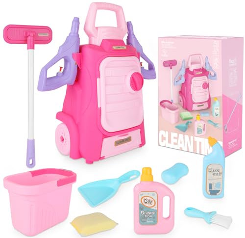 deAO Pinkes Auto-Waschspielzeug-Set, 2-in-1 Spielzeugkoffer für Mädchen, inklusive Mopp, Eimer und verschiedenes Zubehör, Rollenspielerfahrung, ideales Spielzeug für die Reinigung