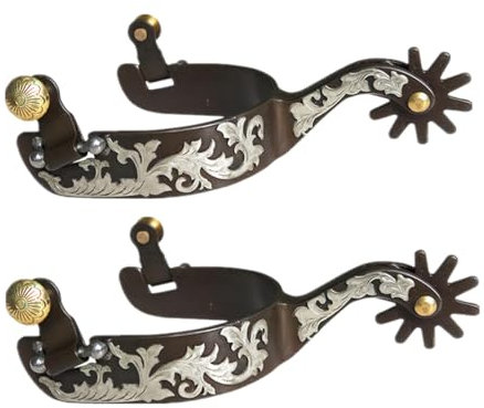 Sport Tent Antike Sporen-Set Western Geschnitzte Reitsporen mit Neusilbereinlage Westernsporen, EIN Paar Sporen für Reiten Training Cowboy Kostüm Ranger Karneval Fasching Braun/Silber