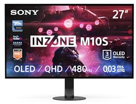 Sony INZONE M10S 27“ OLED QHD PC Gaming Monitor: 1440p, 480Hz, 0.03ms GTG, DCI-P3 98.5%, G-Sync, Adaptive Sync, VRR, Co-entwickeltes Modell mit Fnatic, 1300 nits, DisplayPort 2.1-2 x HDMI 2.1- PC, PS5