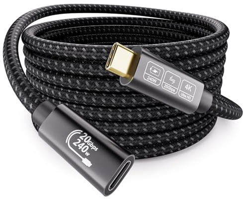 EUDOBEL Largo Alargador USB C 5m,Cable Alargador USB C 3.2 240W 48V/5A 4K@144Hz 5K@60Hz,Cable Extension USB Tipo C 20Gbps Macho a Hembra para Thunderbolt 4,Switch, MacBook, SSD,iPhone16,iPhone15