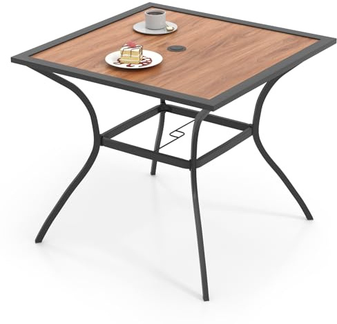 COSTWAY Table de Jardin Carrée pour 4 Personnes, Table Bistrot | pour Parasol Réglable Plateau en Bois Cadre en Métal, Table d’Extérieur pour Patio Piscine Terrasse