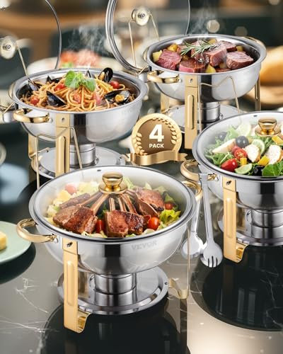 VEVOR Scaldavivande a Buffet (4,7 L) con 4 Padelle Full Size, Dispenser Calore Rotondo con Coperchio in Vetro, Vaschetta per l'Acqua e Supporto, per Matrimoni, Feste a Buffet, Dorato