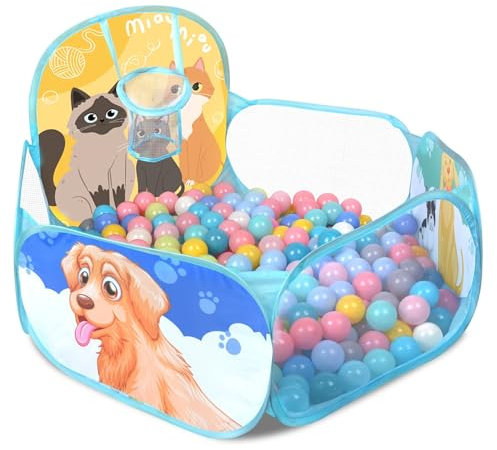 ZimiTeda Katt och hund barn bollgrop för småbarn med basketring, vikbar pop-up babyboll pool för flickor pojkar inomhus- och utomhusspel 120 cm brett plyahouse-tält (bollar ingår inte)