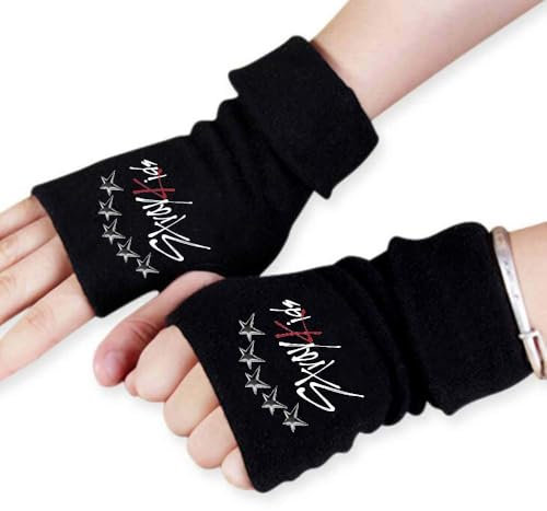 1 Paar Stray Handschuhe Fingerlos, Stray Strickhandschuhe, Kpop Schwarz Winter Gloves mit 1 SKZ 3D Aufkleber und 2 SKZ Photocard, Kpop Fanartikel Geschenk für Stay