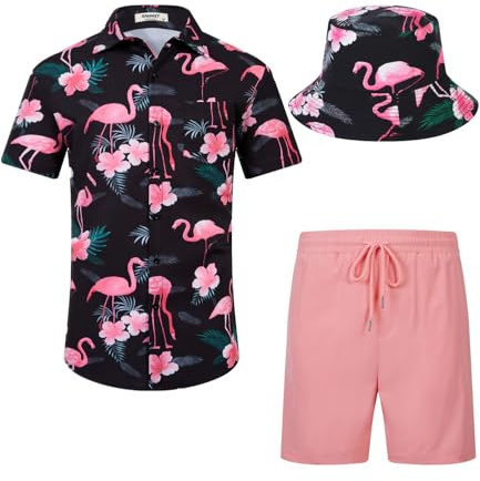 SPKPKEY Set camicia hawaiana da uomo e pantaloncini, vestibilità regolare, maniche corte, abbigliamento casual da spiaggia con cappello alla pescatora S-XXL, Fenicottero nero/rosa, L