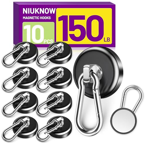 Niuknow Magnetic Hooks for Cruise Cabins, 150LBS Neodymium Extra Strong Magnetic Hooks with Swivel Carabiner for Hanging for Grill, Office, Kitchen, Classroom, 10 Pack, Black