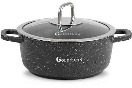 GOLDMANN Pentola in alluminio da 22 cm - 2,3 l con rivestimento antiaderente in ceramica effetto marmo, coperchio in vetro, compatibile con piani cottura a induzione, adatta al forno e senza PFOA.