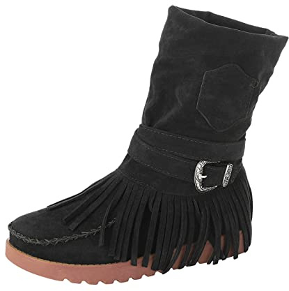 Generisch 2026 botines mujer botas de moda corta mujer punta redonda retro flecos zapatos planos tobillo casual botas de mujer, Negro , 42 EU