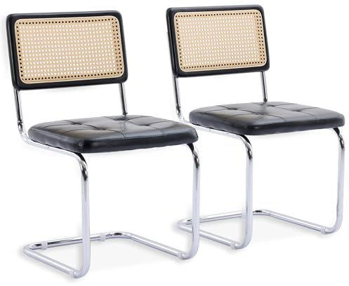 SEEDWAVE 2er-Set Freischwinger Stühle im Vintage-Stil – Esszimmerstühle mit Rattan Rückenlehne & Holzrahmen – PU-Ledersitz, Retro Design für Küche, Wohnzimmer, Büro