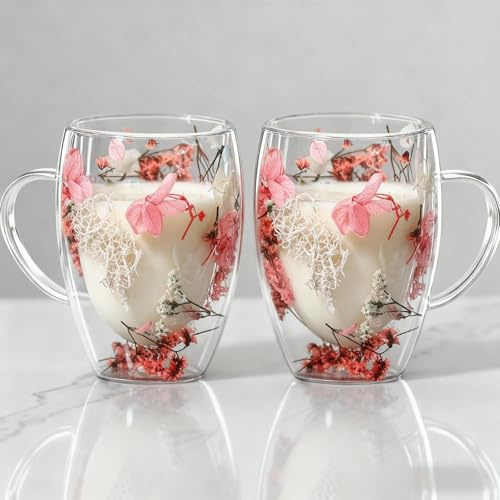 Lxoraziy 350 ml torkad blomma dubbelvägg glasmuggar set med 2, dubbelisolerade kaffemuggar med handtag, drinkglas tekoppsmuggar för kaffe te mjölk juice glass (rosa serien)
