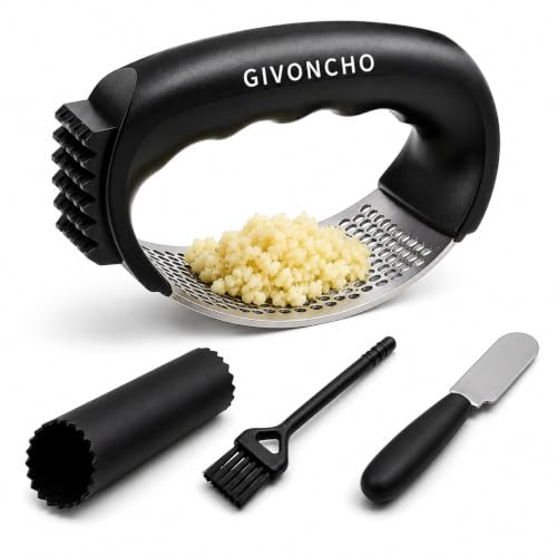 Garlic Grinder & Press Rocker Set – Stainless Steel Garlic Crusher, Mincer & Rolling Tool with Peeler, Spatula and Brush for Extracting Smooth Garlic Paste
