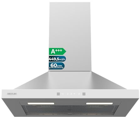 Cecotec Cappa Aspirante Piramidale 60 cm Bolero Flux PT 604400 Inox A+++. Vetro Frontale Bianco, Aspirazione 449,5 m³/h, Controllo Touch Invisibile, Funzione Booster, Filtri Lavabili, Classe A+++