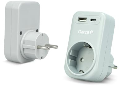 Garza - Adaptador Enchufe 3 en 1 con 1 Toma Schuko + 1 USB-A QC3.0 + 1 USB-C PD20W, Carga Rápida 20W, Protección Infantil, 3680W, Portátil y Seguro - Gris