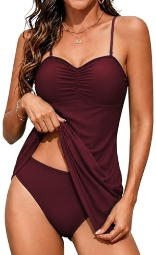 Rayson Costume da Bagno Donna 2 Pezzi Ruffle Push up Curvy Piega Tankini Donna Mare e Slip da Bagno Beachwear Controllo Pancia(Borgogna,M)