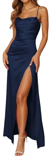 Generico Abito da Cerimonia Donna Vestito Dresses Matrimonio Abito da Donna in Raso con Spalline Sottili Vestiti con Spacco Elegante Sottile Vestito Festa Lungo Vestiti Partito Banchetto (02-Navy, M)