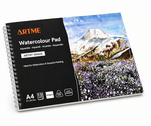 ARTME Papel para Acuarela (A4, 12 Hojas) - 300 g/m², Textura Doble, Prensado en Frío - Bloc de Dibujo, Acuarela, Gouache (1 pieza)