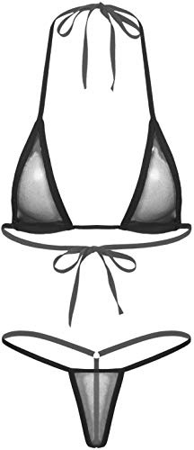 Alvivi Microkini 2 Pièce Femme Sexy Bikini Soutien-Gorge Halter & Micro String Ficelle Tankini Maille Transparent Unie Monokini Nightwear Sleepwear