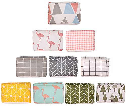 Viesap 10 paquets Petit Panier de Rangement Pliable en Lin et tissu avec Poignées ​et Doublure Hydrofuge, pour Étagères et Bureau, Jouets, Llivres ou Maquillage.