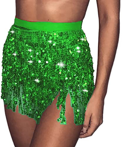 Carufin Jupe de Danse du Ventre pour Femme Ceinture de Hanche Sequin Tassel Jupe Hip Wrap Écharpe Rave Music Festival Costume (Vert)