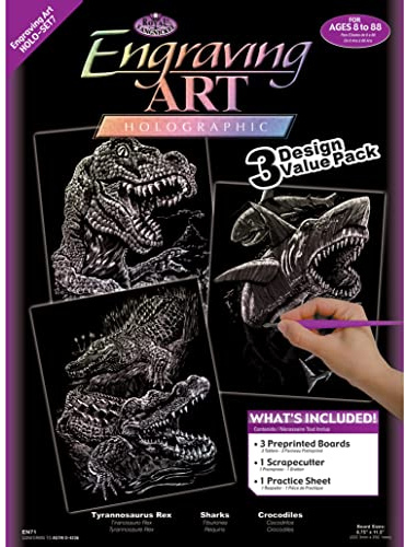 Royal & Langnickel - Set d'images à gratter Prédateurs, effet hologramme, 3 images, dinosaures, requins, crocodiles, images à gratter pour enfants et adultes, avec crayon à gratter et modèles