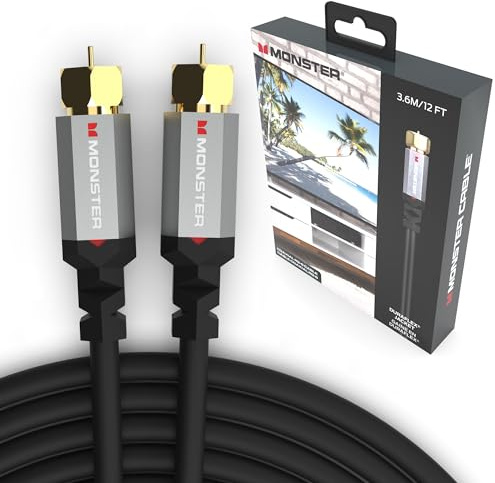 Monster Essentials RG-6 Coax Cable with Gold-Plated F-Pin Coaxial Cable Connector - High Speed Internet with Duraflex Jacket and Metal Shielding, 12ft