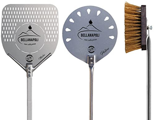Set di 2 pale per pizza 33 x 33 cm e Ø 22 cm + spazzola manico 150 cm qualità BellaNapoli