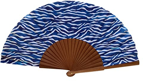 Tusitala Barcelona Abanico Español Agua - Madera y Algodón - 23 cm - Estuche y Funda de Yute - Accesorio de Moda - Hecho a Mano en España - Eventos y Regalos - Colección Alzar la Mirada