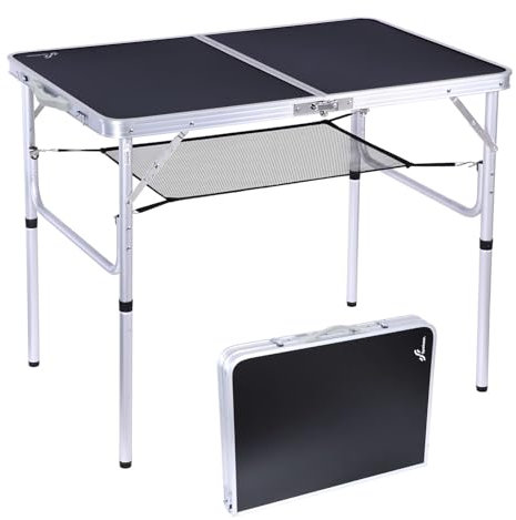 Sportneer Table de Camping à Hauteur réglable avec Compartiment de Rangement en Filet, 90 x 60 cm, pour Le Camping, Le Pique-Nique, la Plage, Le Jardin, Le Barbecue, 2 hauteurs, Noir