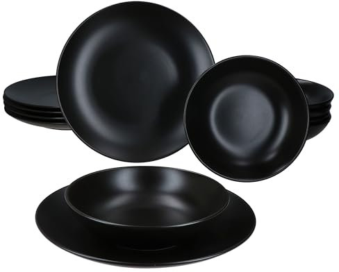 MamboCat Panther 12tlg Tafelservice schwarz I Mattes Steingut-Geschirr für 6 Personen I 6X Suppenteller 420ml & 6X Speiseteller I Essteller & Tiefe Teller für Frühstück, Mittag & Abendbrot