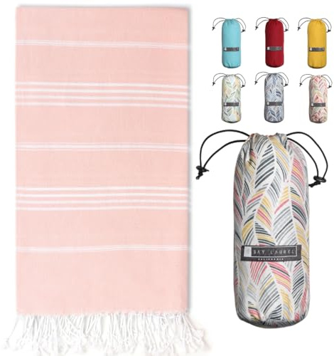 BAY LAUREL Turkish Beach Towel with Travel Bag 39 x 71 Quick Dry Sand Free Lightweight Large Oversized Towels Light
